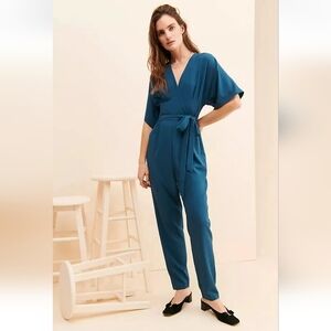 New Hutch Free People V-Neck Pleated Tie Waist Jumpsuit Blue Size 4